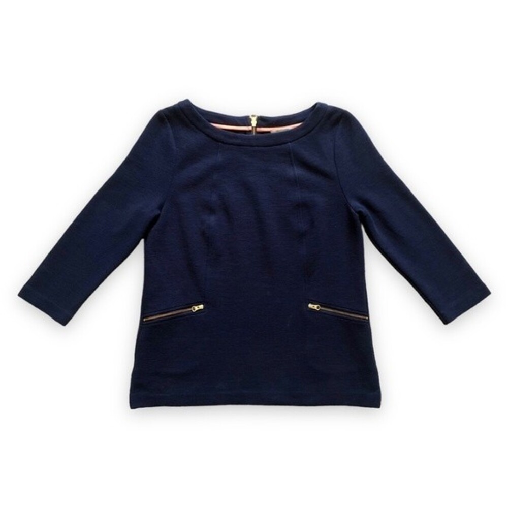 Boden Maggie Ottoman Top Ribbed Navy Blue Zipper 3/4 Sleeve Size 8 Preppy